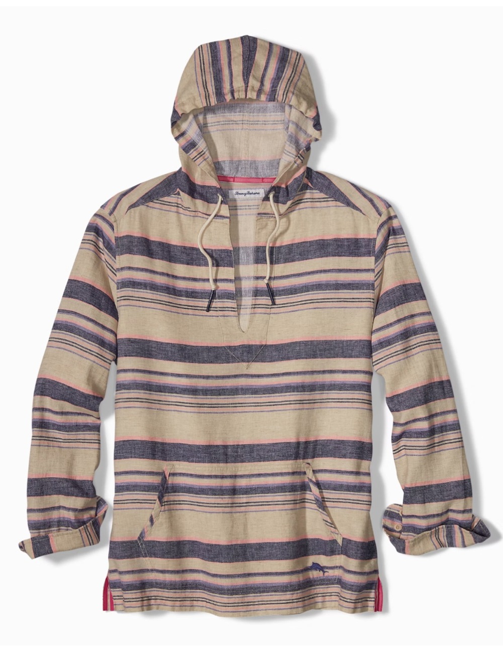 Tommy Bahama Baja Haze Hoodie Linen Cotton Striped Hooded Pullover Popover Tunic